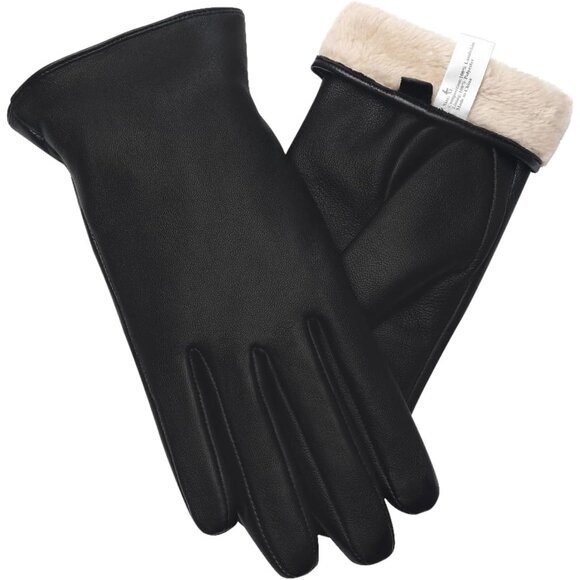 Women's Gloss-Black Touch Screen Warm Winter Driving Hull-Hand Leather Gloves - Picture 1 of 5